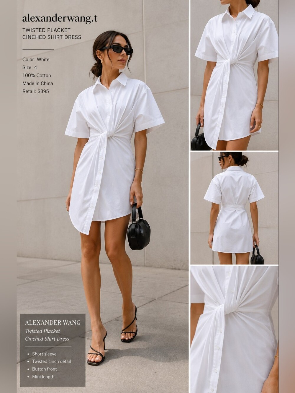 Alexander Wang T Twisted Placket Cinched Shirt Dress, Size 4, White